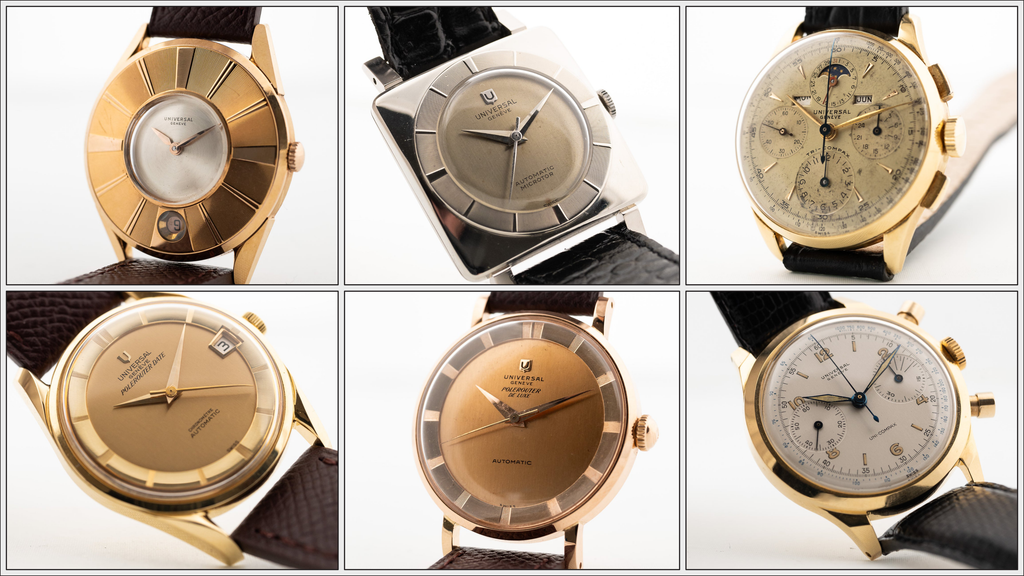 selection of vintage Universal Geneve watches with various designs, shapes and functions