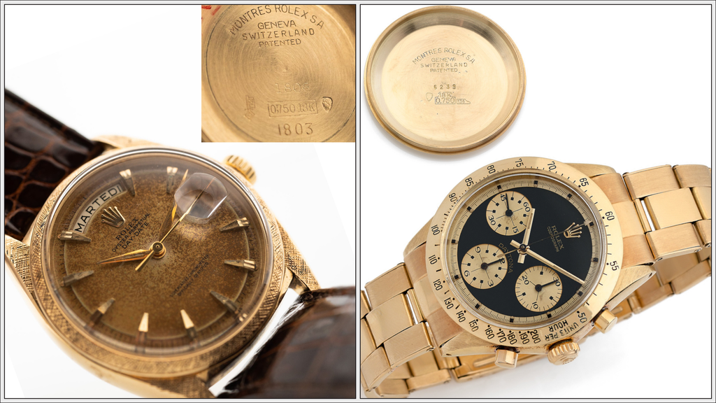 Two golden Rolex Icons - Day-Date 1806 and Daytona 6239 - with cases made by Genex and Spillmann