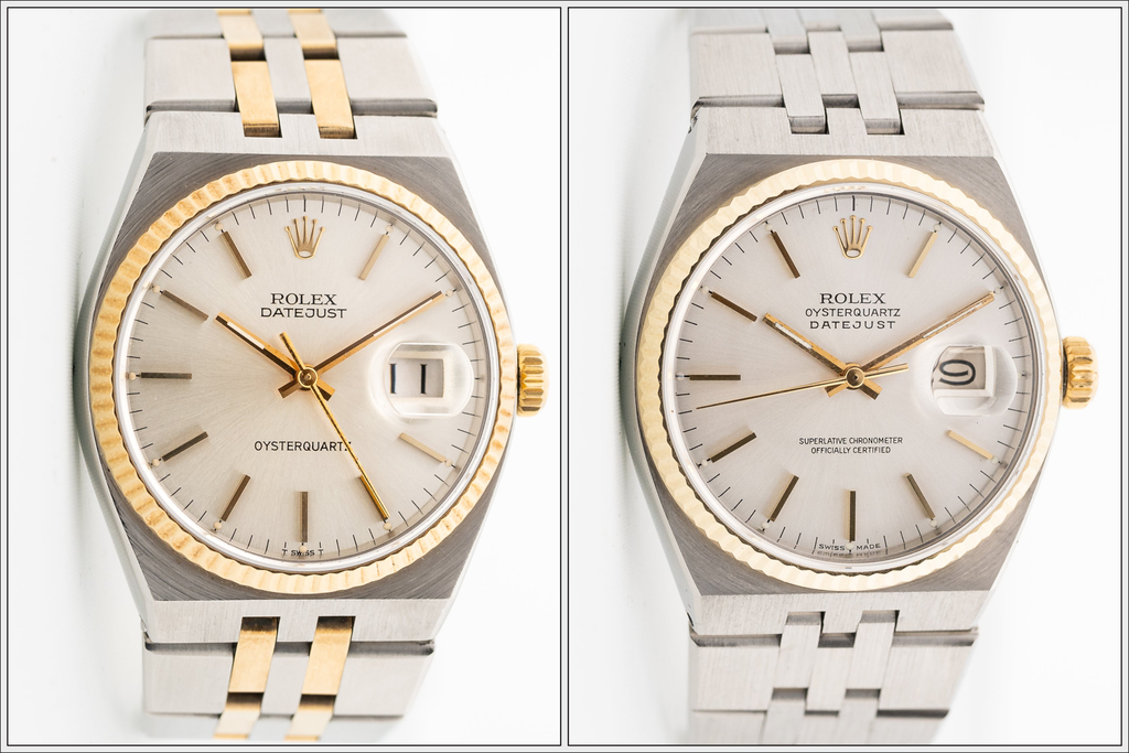 Direct comparison of two 1970s Rolex Oysterquartz ref. 17013 with (right) and without (left) COSC certification