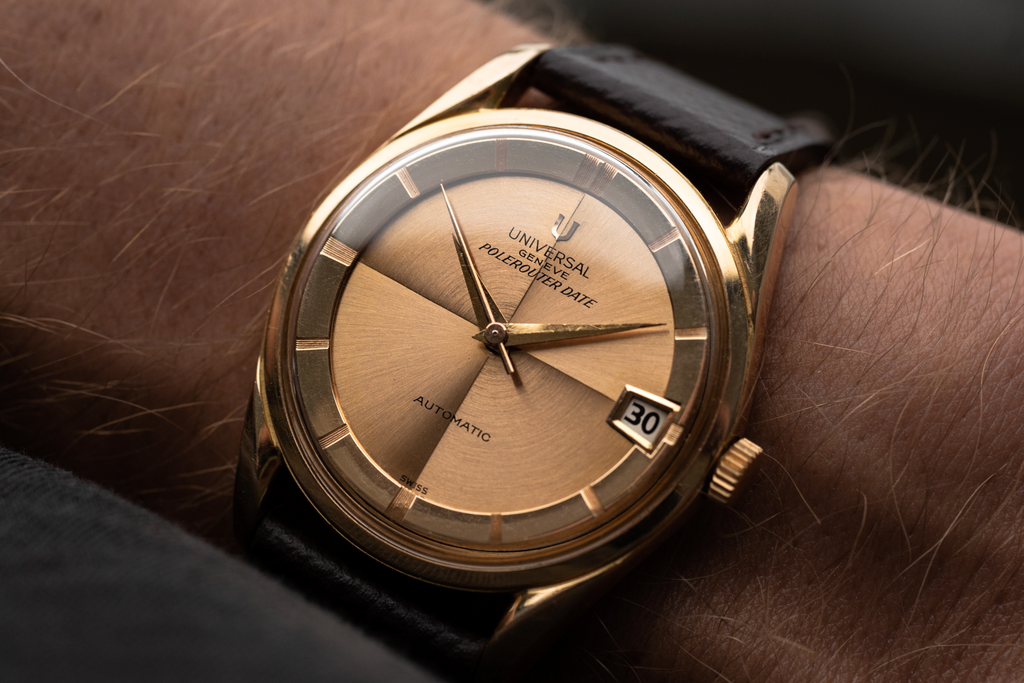wristshot of a vintage 1960s Universal Geneve Polerouter Date in Rosegold