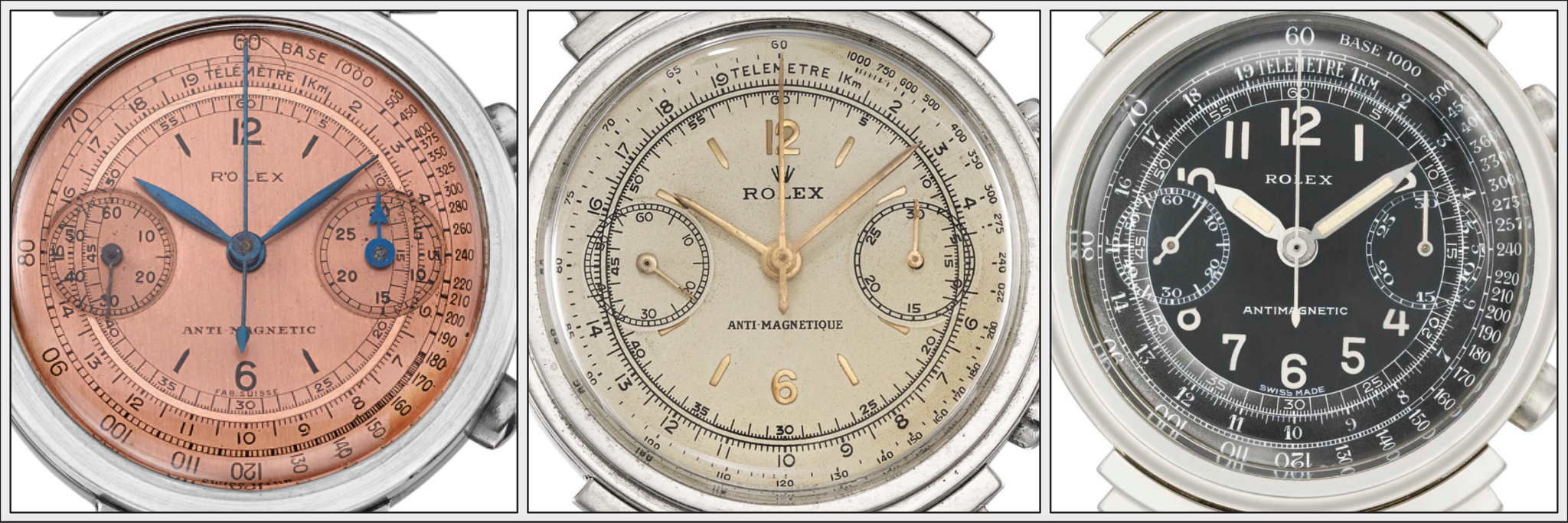 The three most prominent hand styles on Rolex 1937 Non-Oyster chronographs