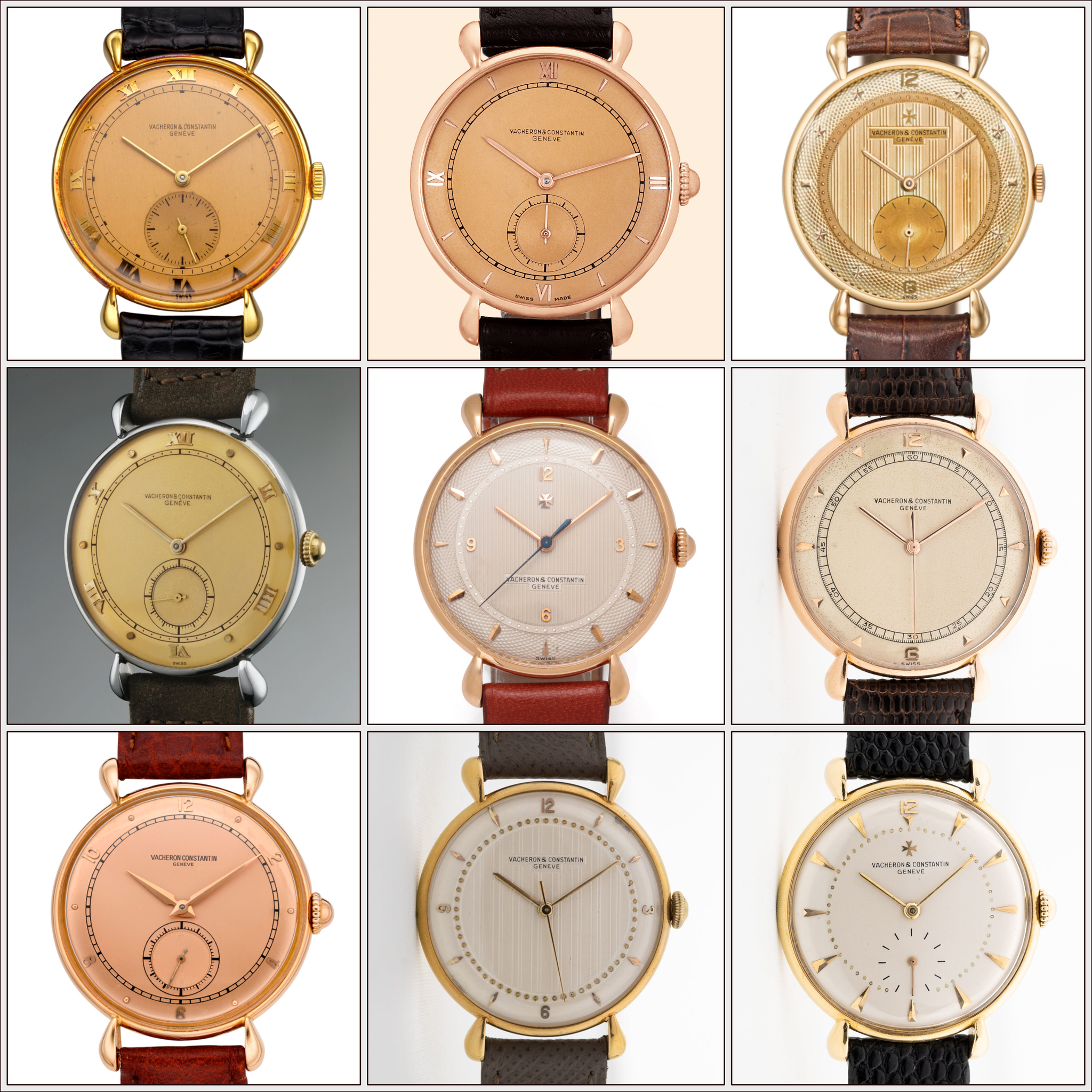 diverse dial variations from vintage Vacheron Constantin Teardrop Lug watches