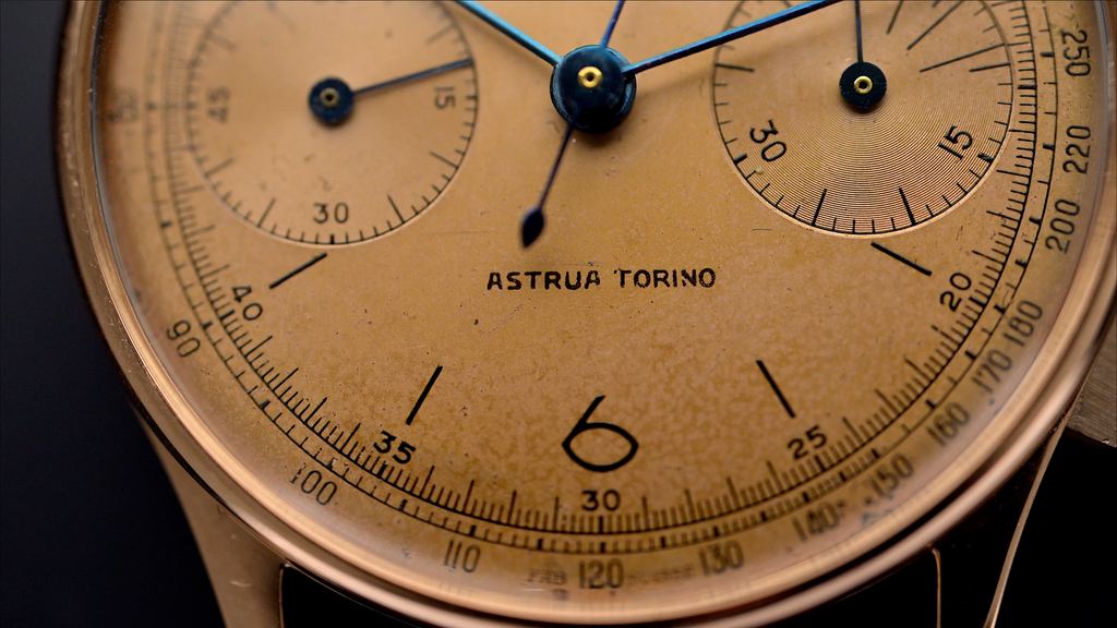 Astrua Torino signature on the 1940s Jaeger Chronograph