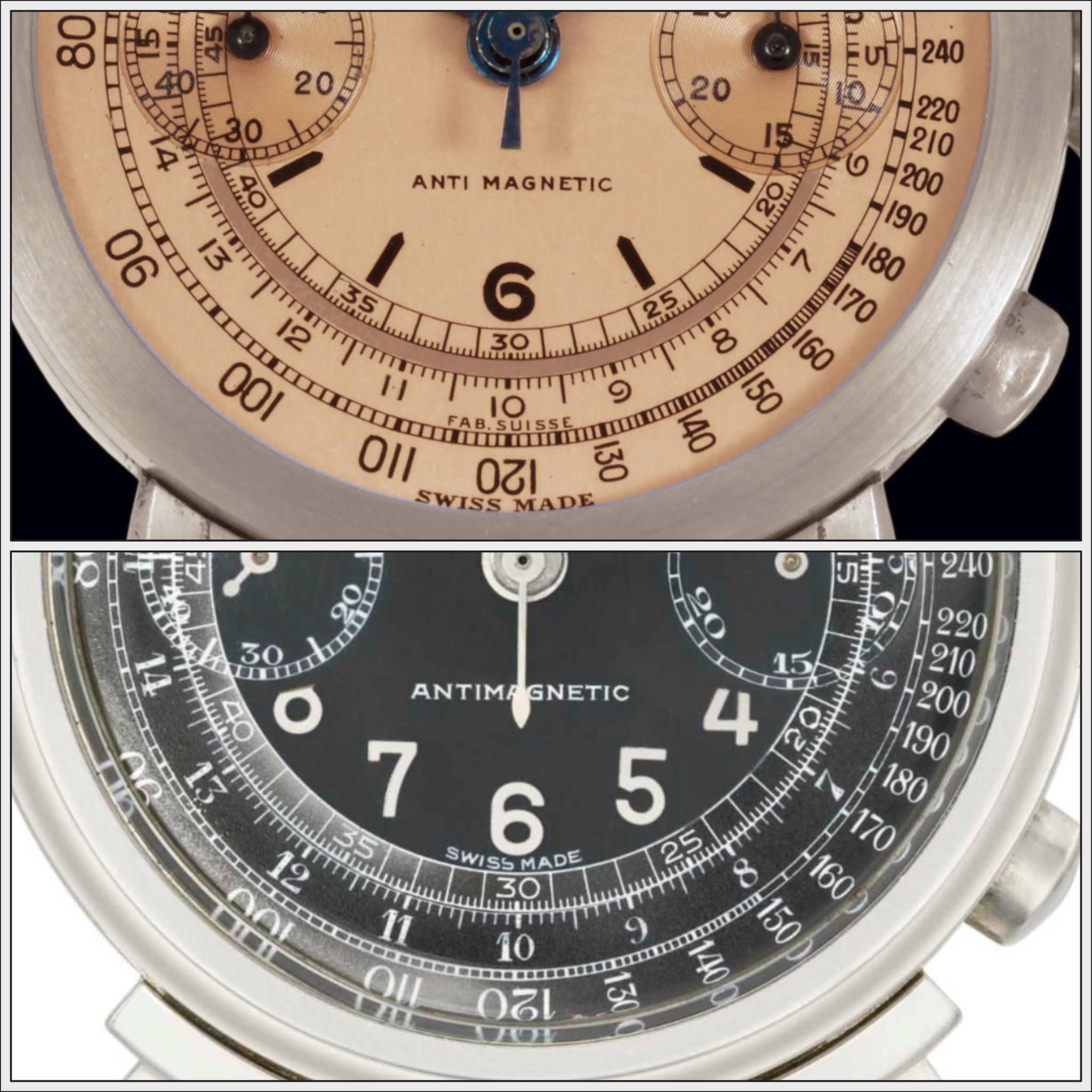 Different Font and Swiss Made versions on the Rolex Non-Oyster vintage chronographs