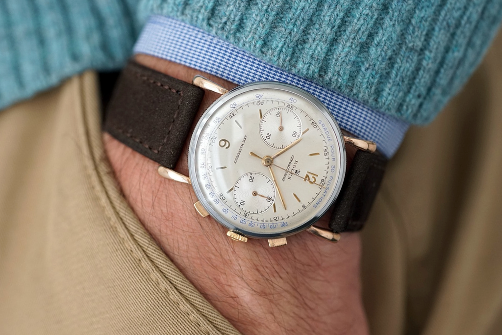 wristshot of a vintage 1950s Rolex ref. 4062 chronograph