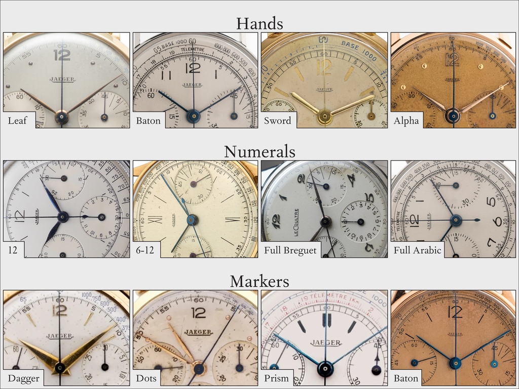 Example dial configurations on vintage Jaeger and LeCoultre chronographs
