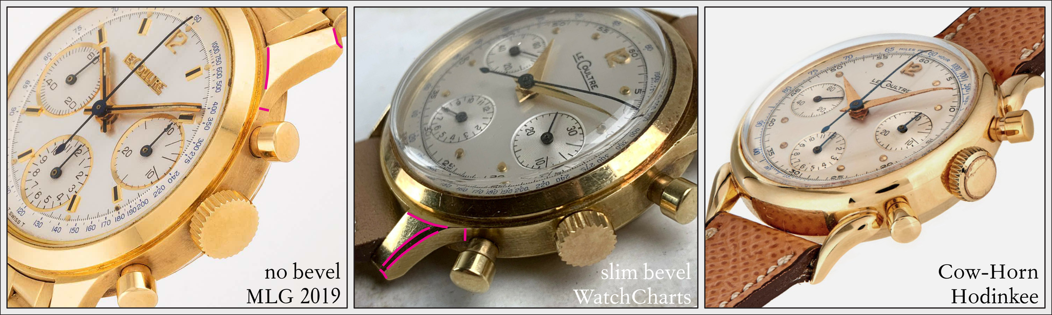 Comparing the cases on three yellow gold LeCoultre chronograph pieces and their respective lug styles