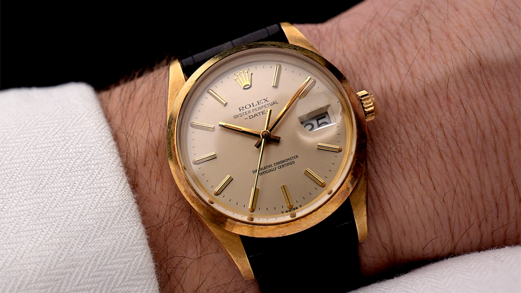 wrist shot of a stunning vintage 1980s Rolex Oyster Perpetual in yellow gold
