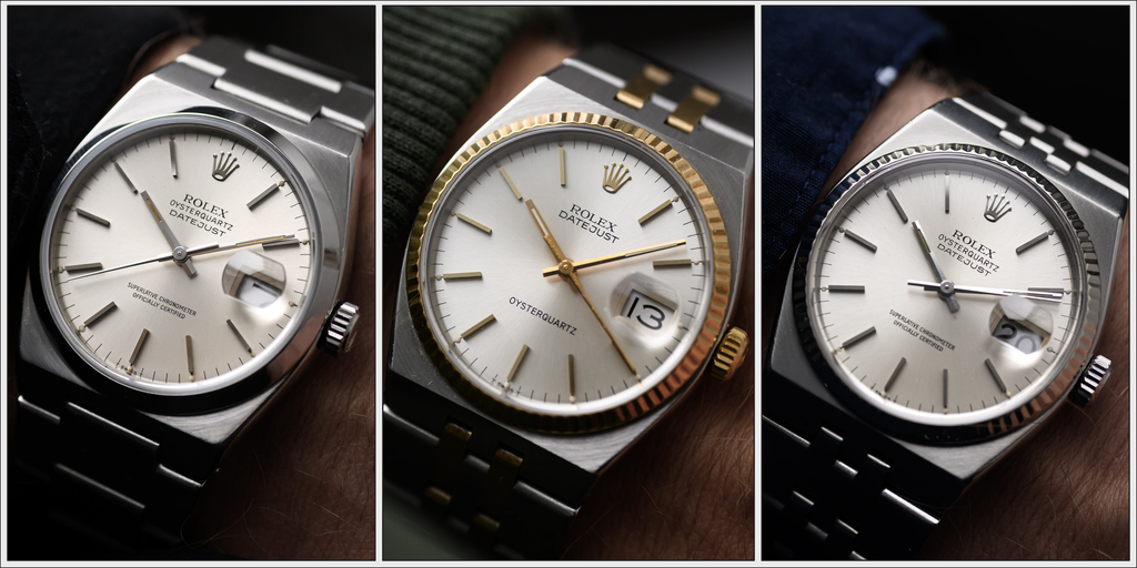 wristshots of all three vintage Rolex Oysterquartz Datejust references
