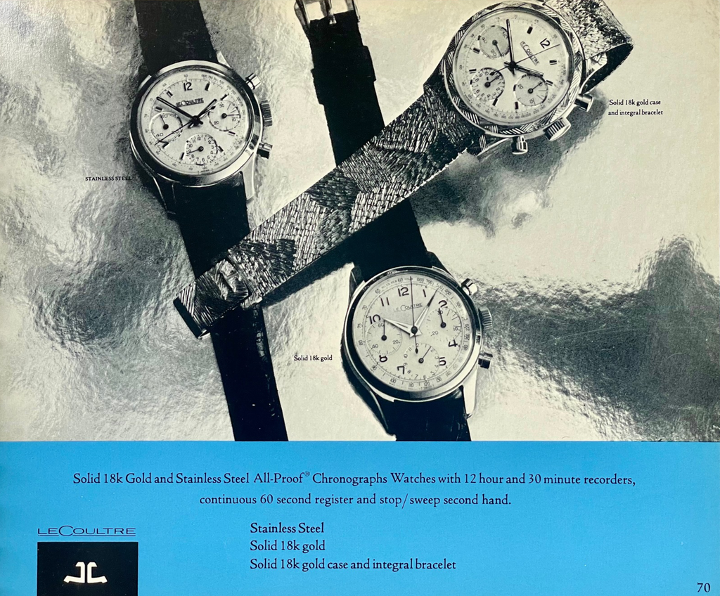 vintage 1960s LeCoultre Catalogue displaying three chronograph watches