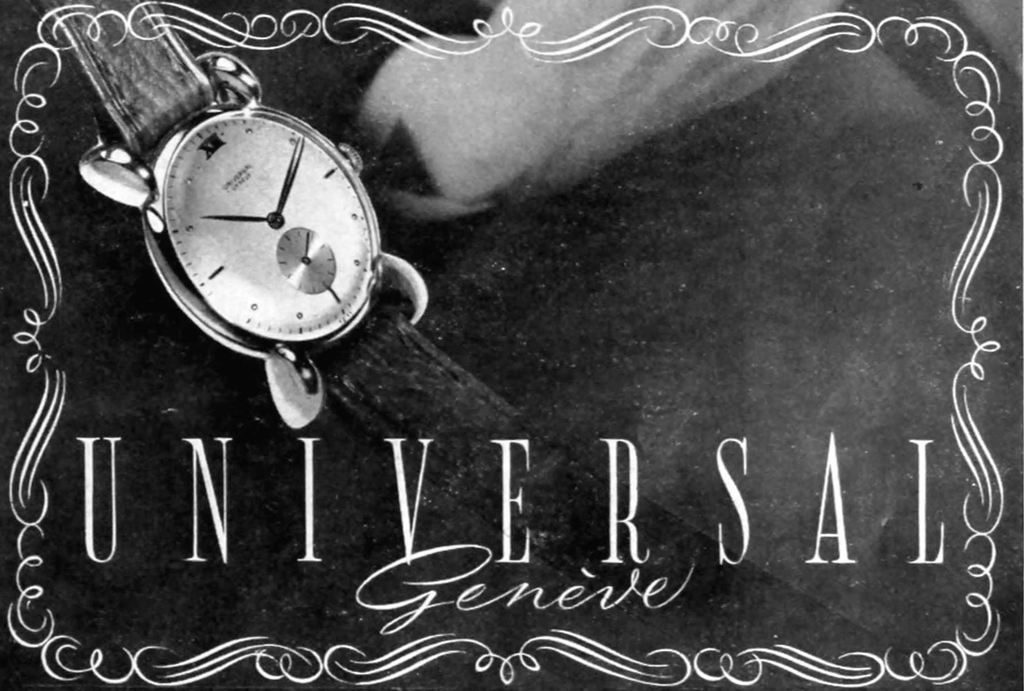 vintage 1940s advertorial from Universal Geneve dress watch with fancy lugs