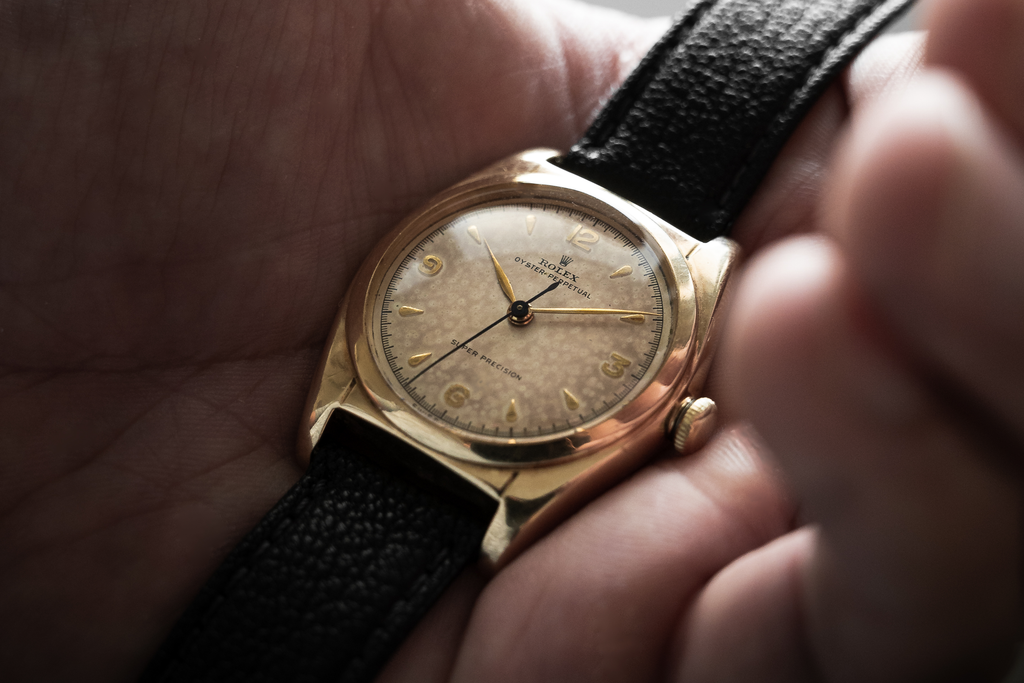 vintage 1940s Rolex Bubbleback in yellow gold