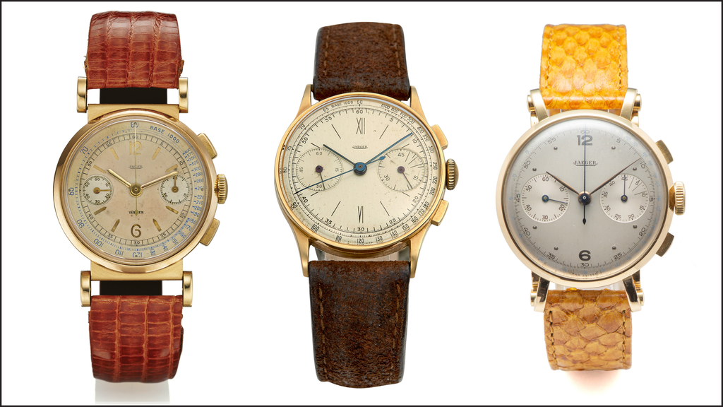 Three example Jaeger chronograph watches with Universal Geneve Movement