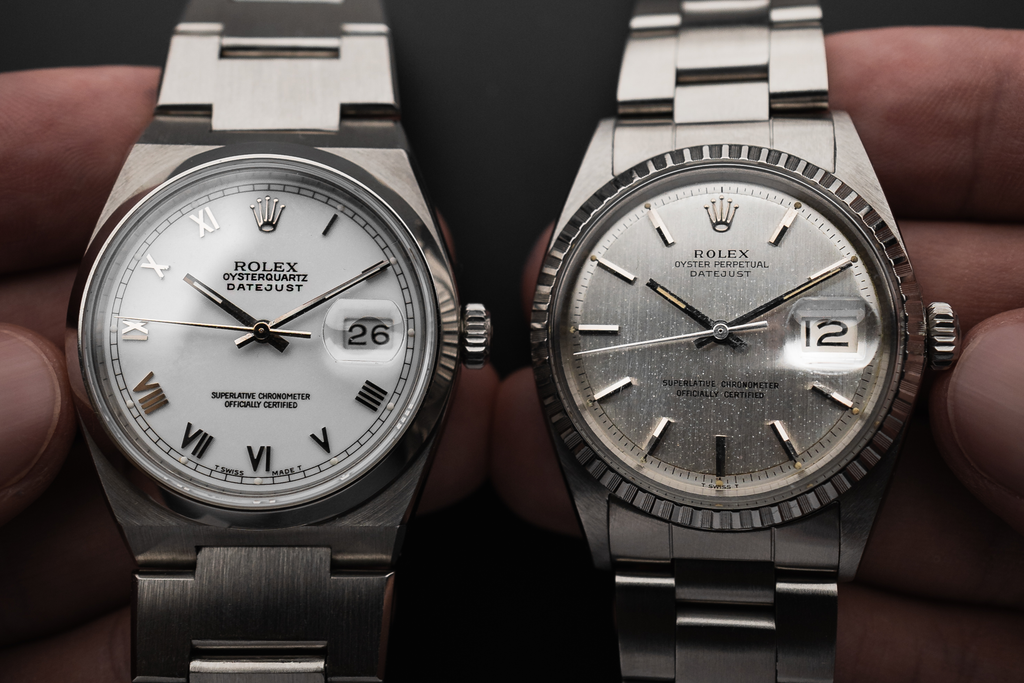 vintage Rolex Datejust models - Quartz on the left and mechanical on the right