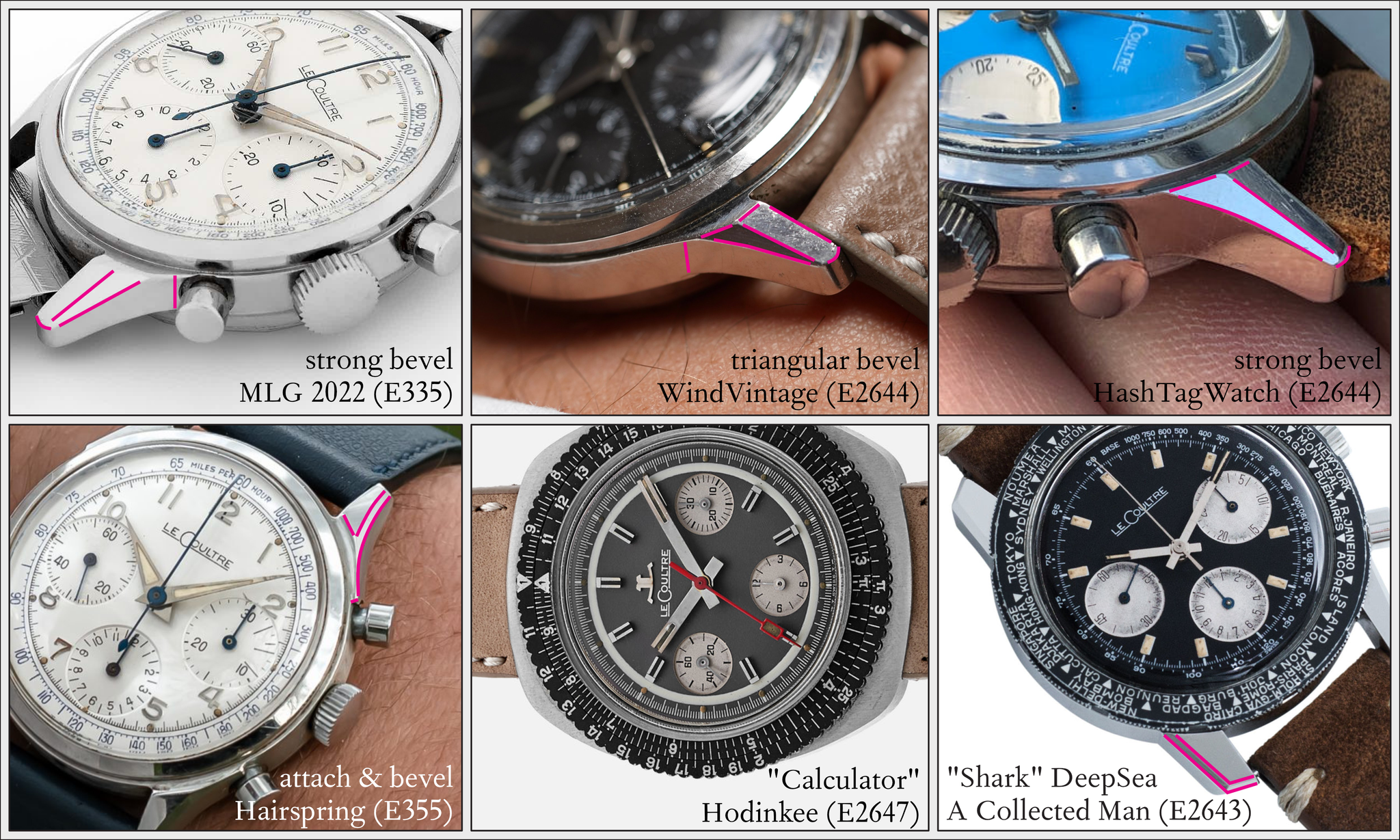 Overview over several steel LeCoultre chronograph variants