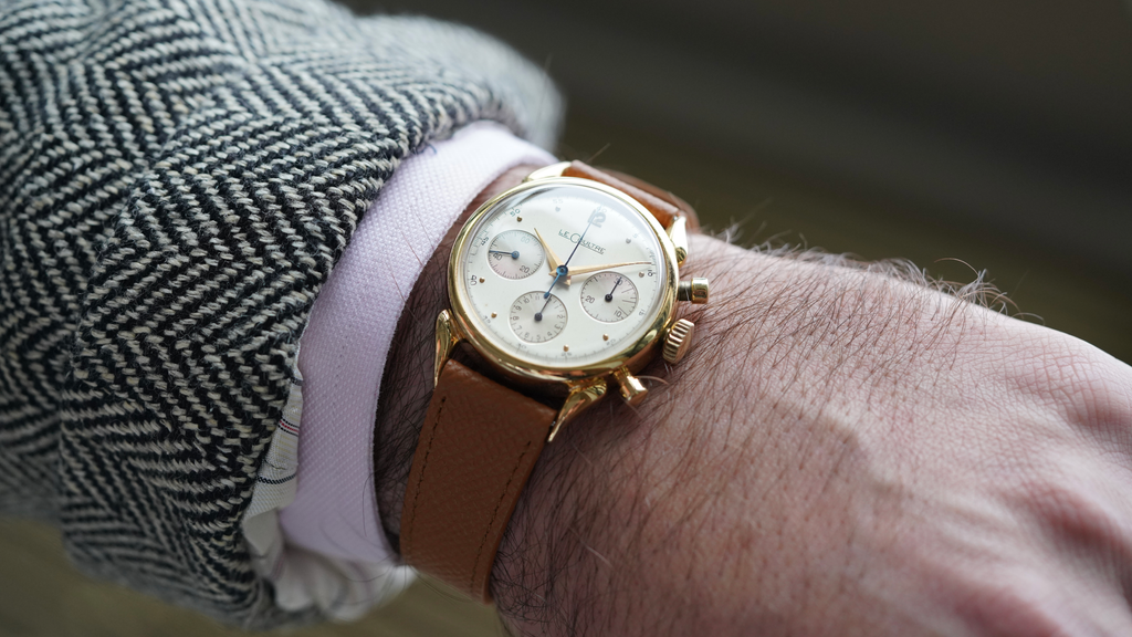 wristshot of a special LeCoultre Cornes de Vache chronograph