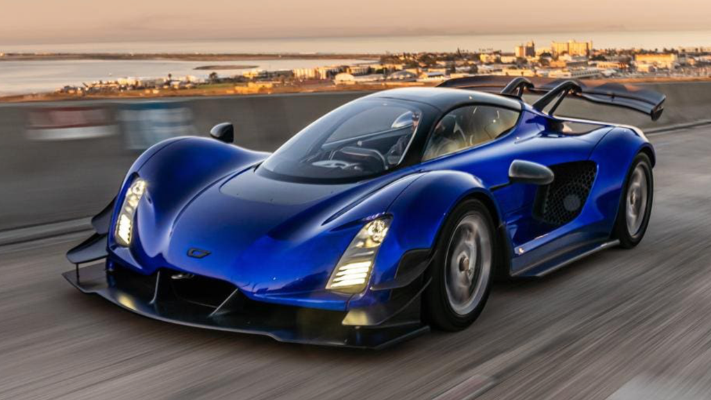 Czinger 21C supercar in blue on a road in the sunset