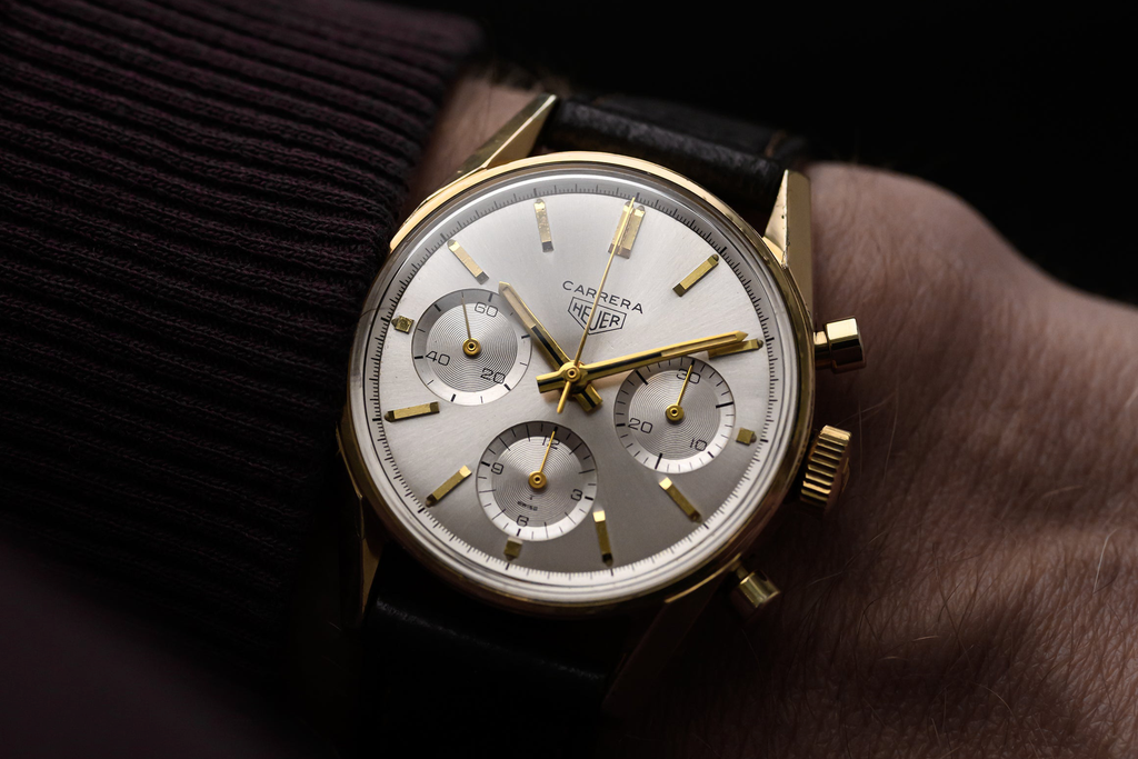 vintage Heuer Carrera ref. 2448 in yellow gold with silver dial