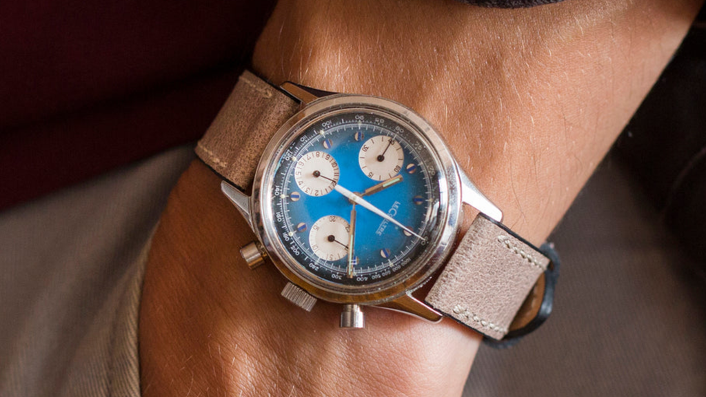 wrist shot of a stunning blue and black fume LeCoultre ref. 2644 chronograph