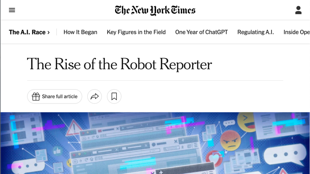 Headline from the New York Times February 2019 on "The Rise of the Robot Reporter"