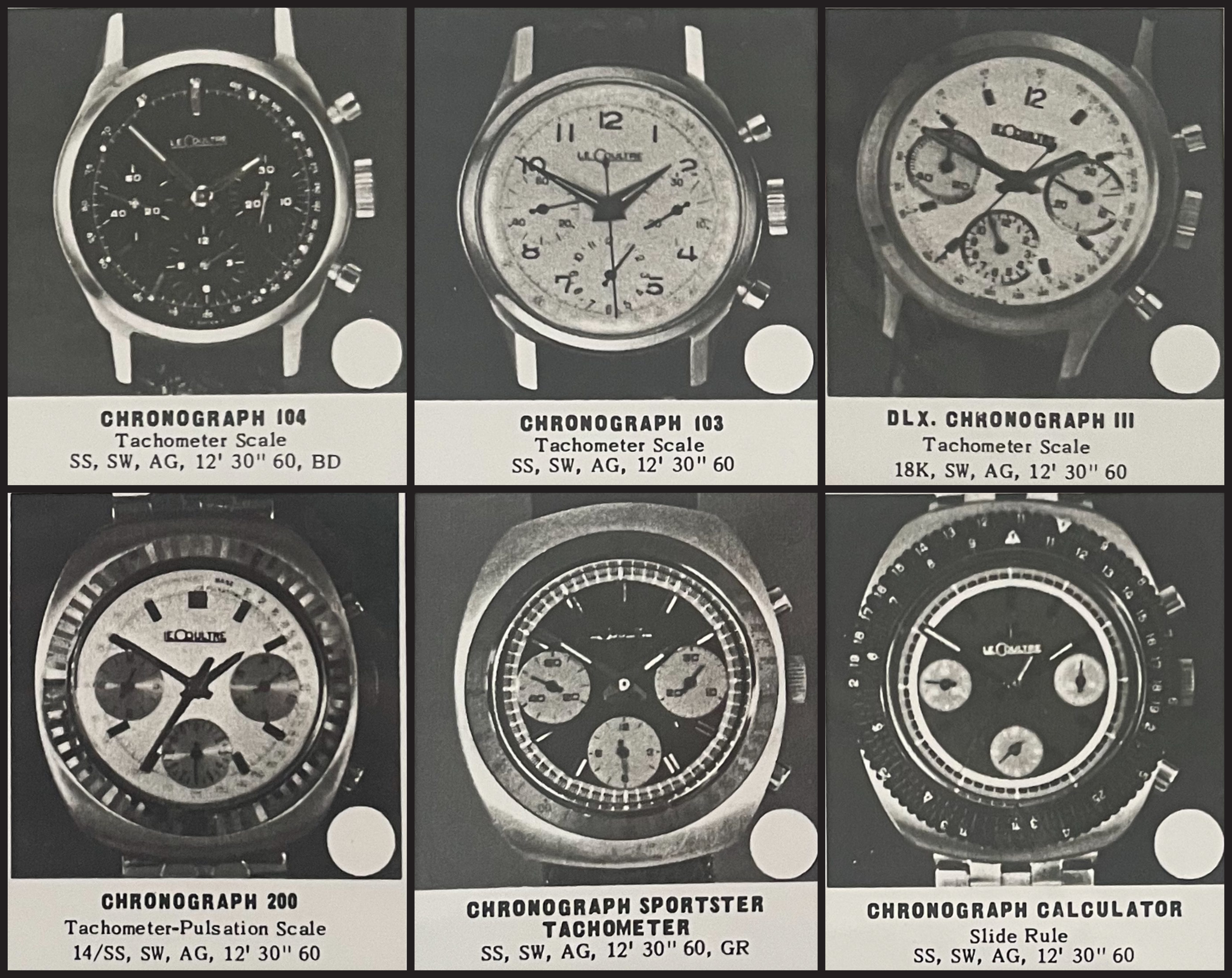 six catalogue examples of LeCoultre chronograph watches from the early 1970s