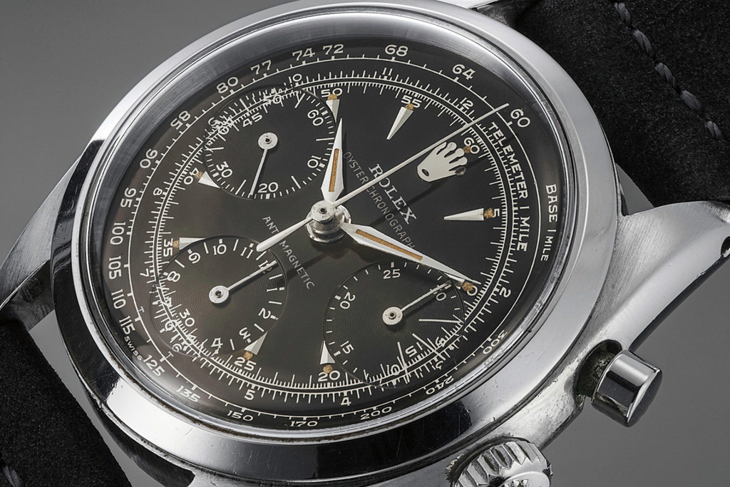 vintage 1950s Rolex 6238 Chronograph with black dial and alpha hands