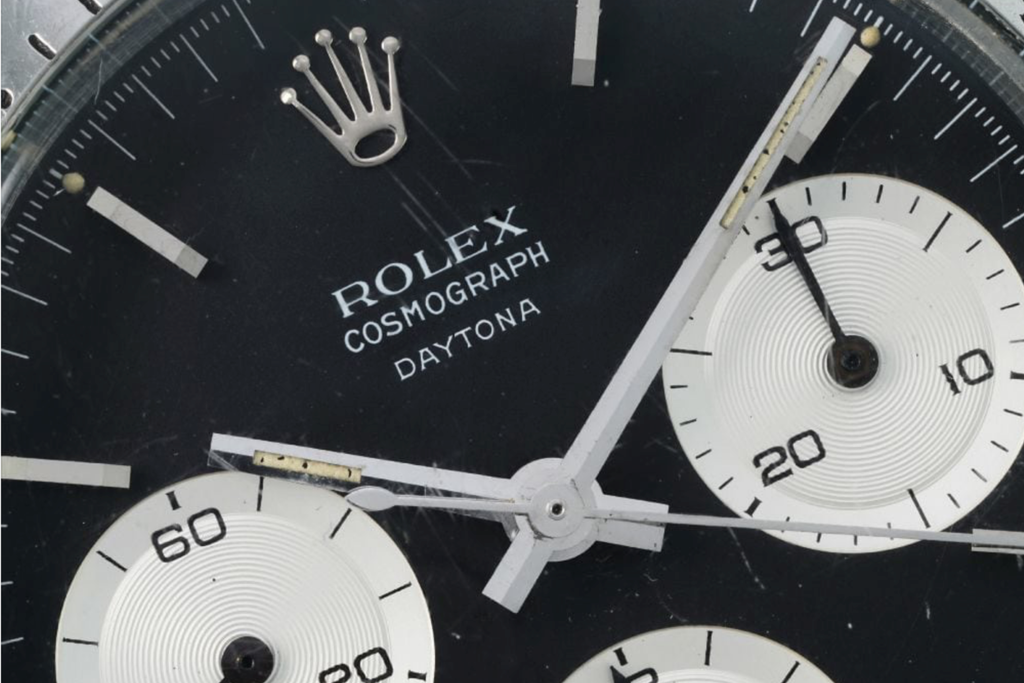 Close up of Rolex 6239 Daytona Cosmograph with black dial