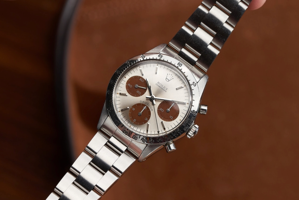 vintage 1970 Rolex 6262 in silver with tropical sub-dials