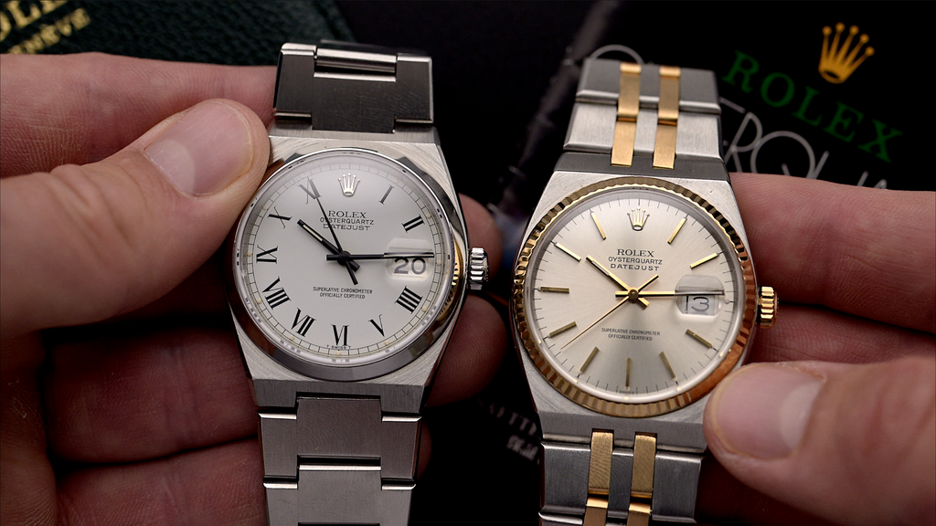 a pair of vintage Rolex Oysterquartz Datejust models held in hand