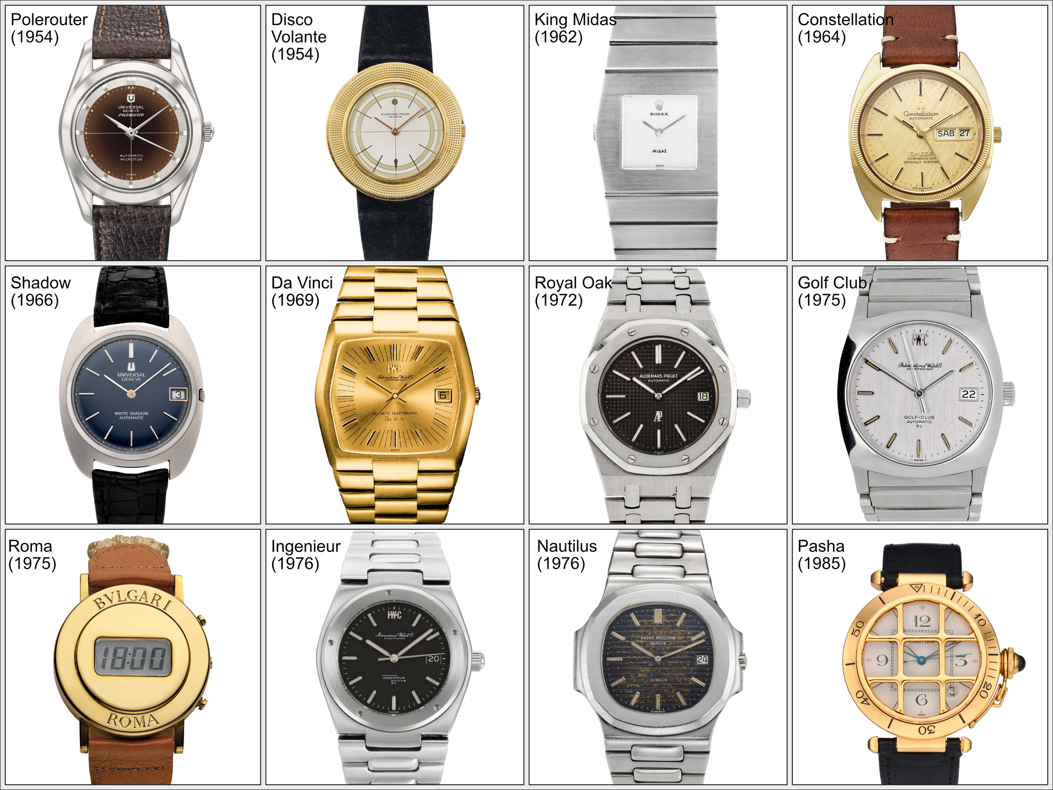 several Gerald Genta wristwatch designs from various watch manufacturers throughout the last Century