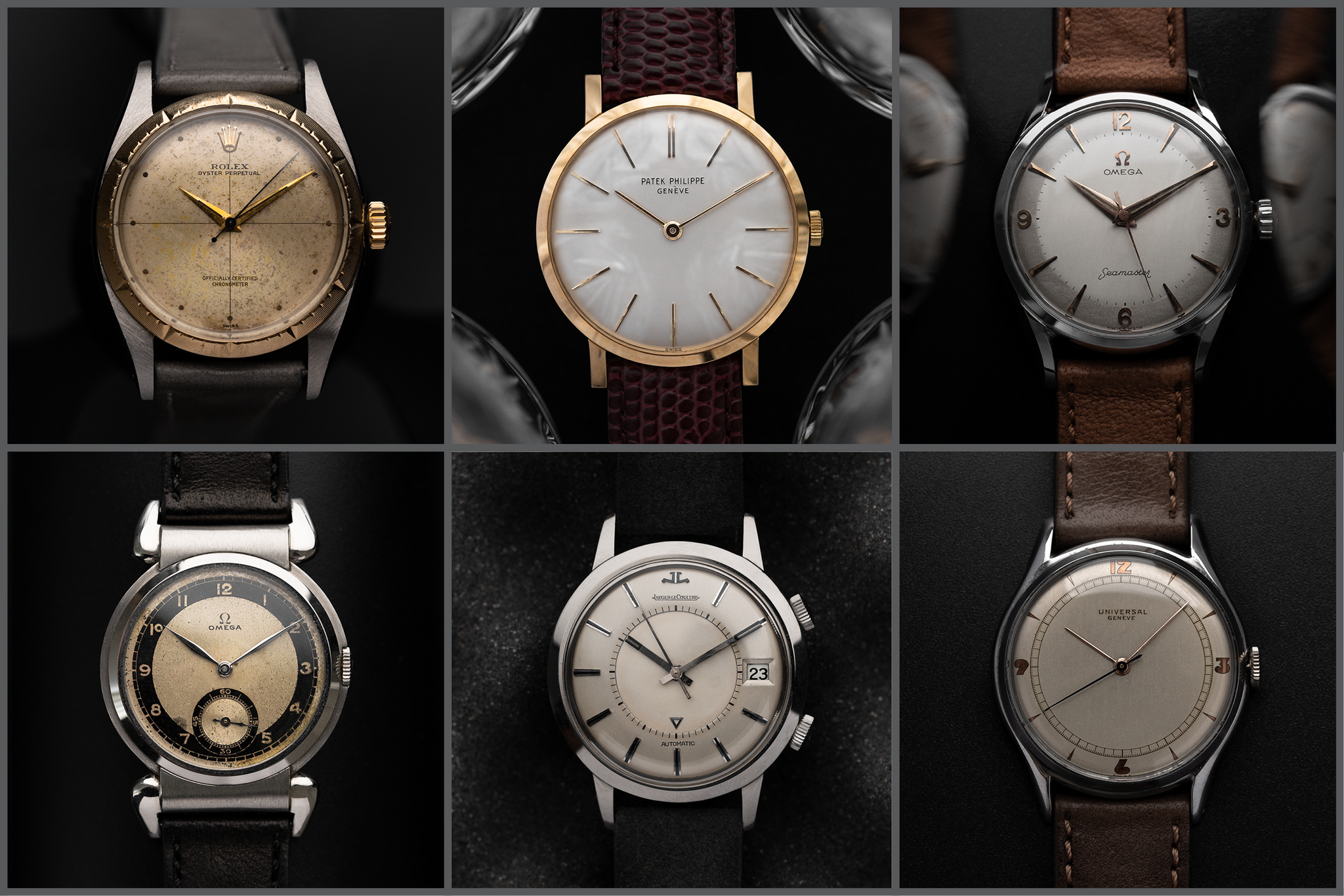 Example Watches of the 1950s - Rolex Zephyr, Patek Philippe Calatrava, Omega Seamaster, Omega Tuxedo, Jaeger LeCoultre Memovox, Universal Geneve Calatrava