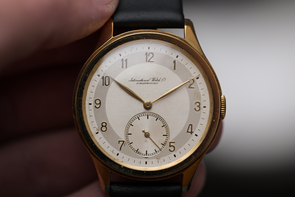 front view of a vintage 1942 IWC Hermet in yellow gold