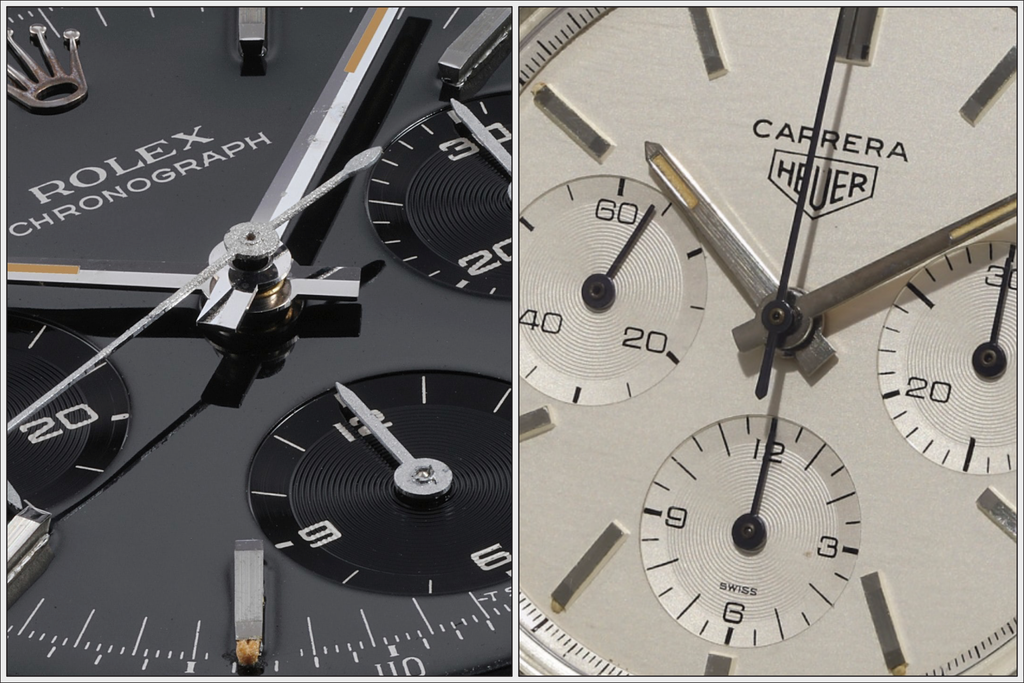 comparison of vintage Rolex 6238 and Heuer 2447 dials