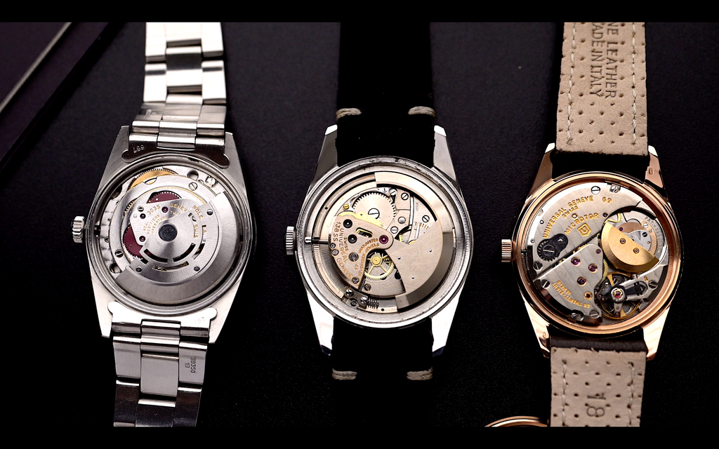 Triad of automatic winding mechanisms on vintage wristwatches