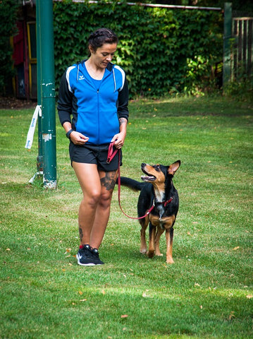 Woman walking attentive black and tan dog