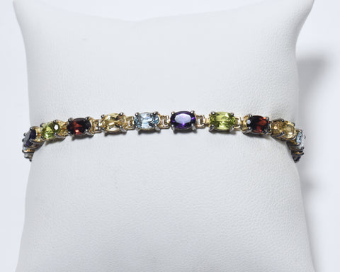 Sterling Silver Multigem Link Bracelet with Garnet Amethyst