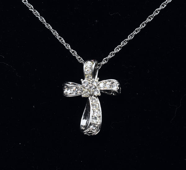 Avon - Twisted Silver Crystal Studded Crucifix on Silver Chain - 16"+