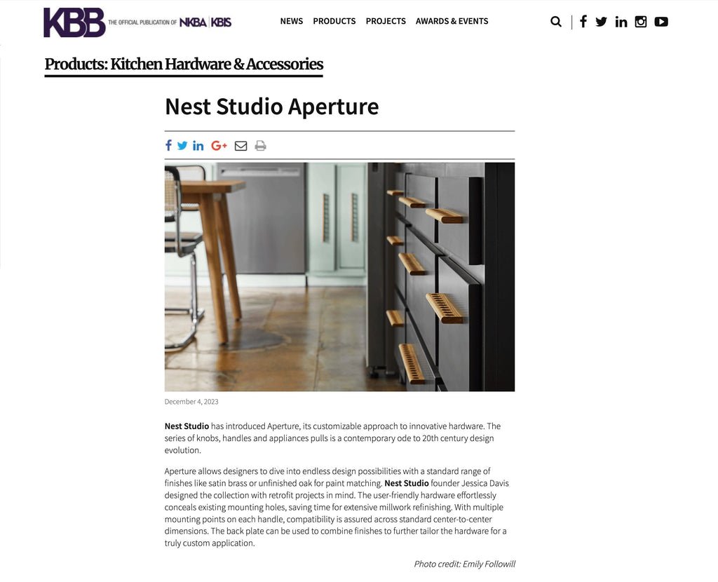 KBB features Nest Studio decorative cabinet hardware Aperture Collection handles and pulls