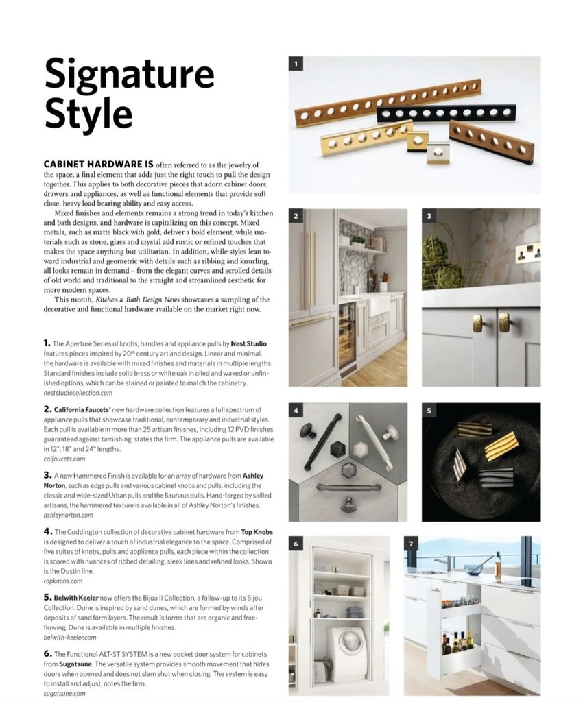 Kitchen&Bath News features Nest Studio luxury hardware Aperture Collection handles and pulls