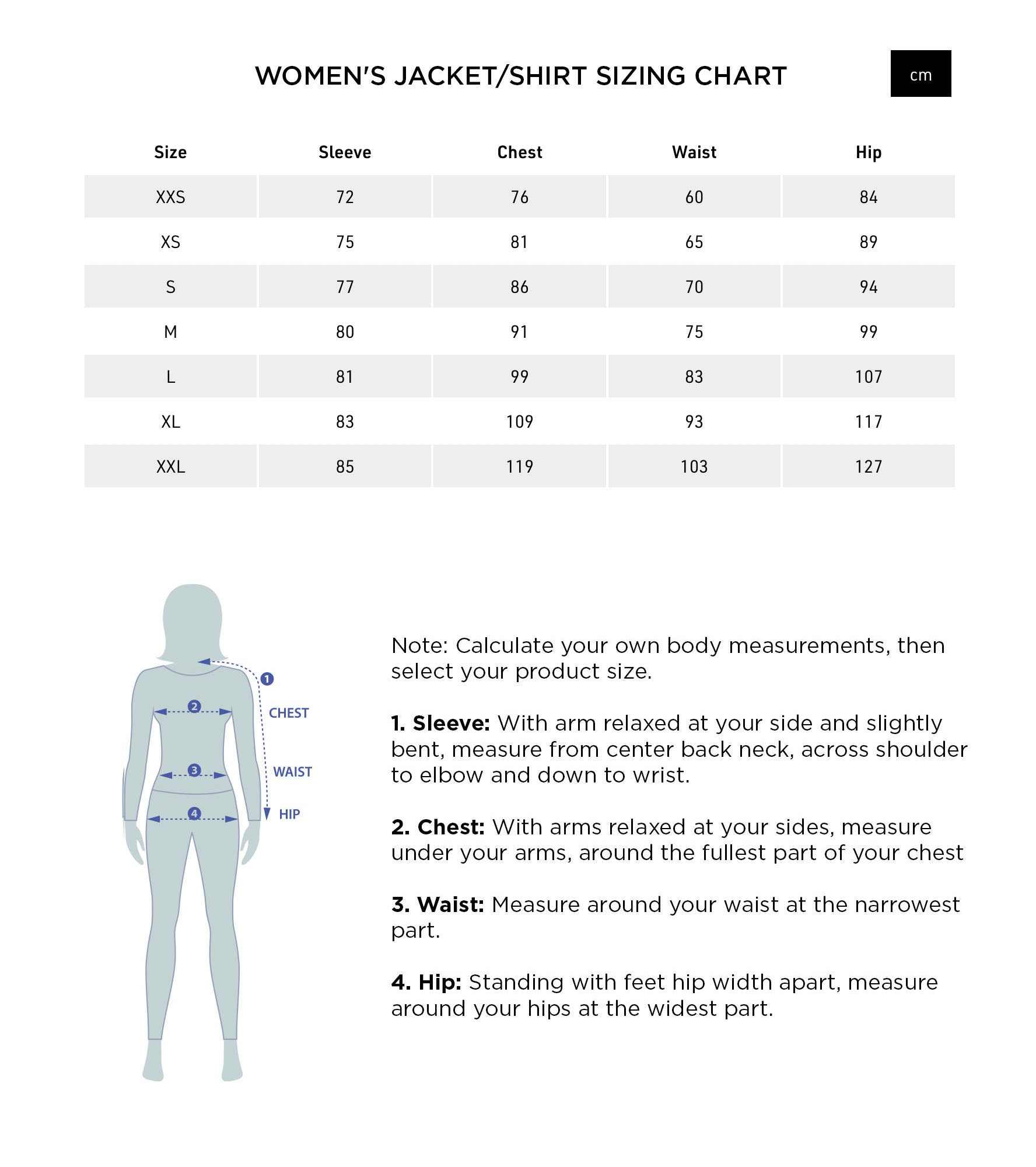 Women's Jacket Sizing Chart