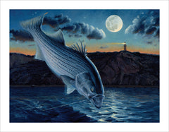 hooked striped bass jumping under a full moon