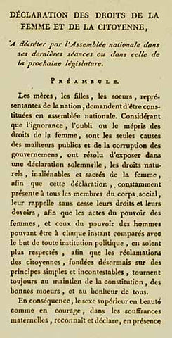 La Déclaration des droits de la femme et de la citoyenne de 1791 par Olympe de Gouges