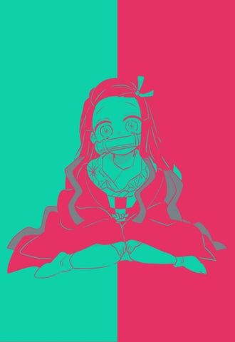 A pequena Nezuko é uma fofura, com seus cabelos escuros em dois coques, laço rosa e vestido verde