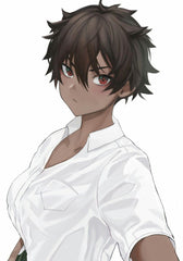 Imagem de uma garota de anime tomboy com nekomimi, estilo esportista e pele morena, vestindo roupas masculinas 