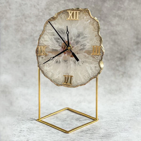 Semi Precious Agate Table Clock White