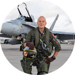 Jason Berndt Infront of a CF-18 Hornet Fighter Jet Wearing My Two Brows