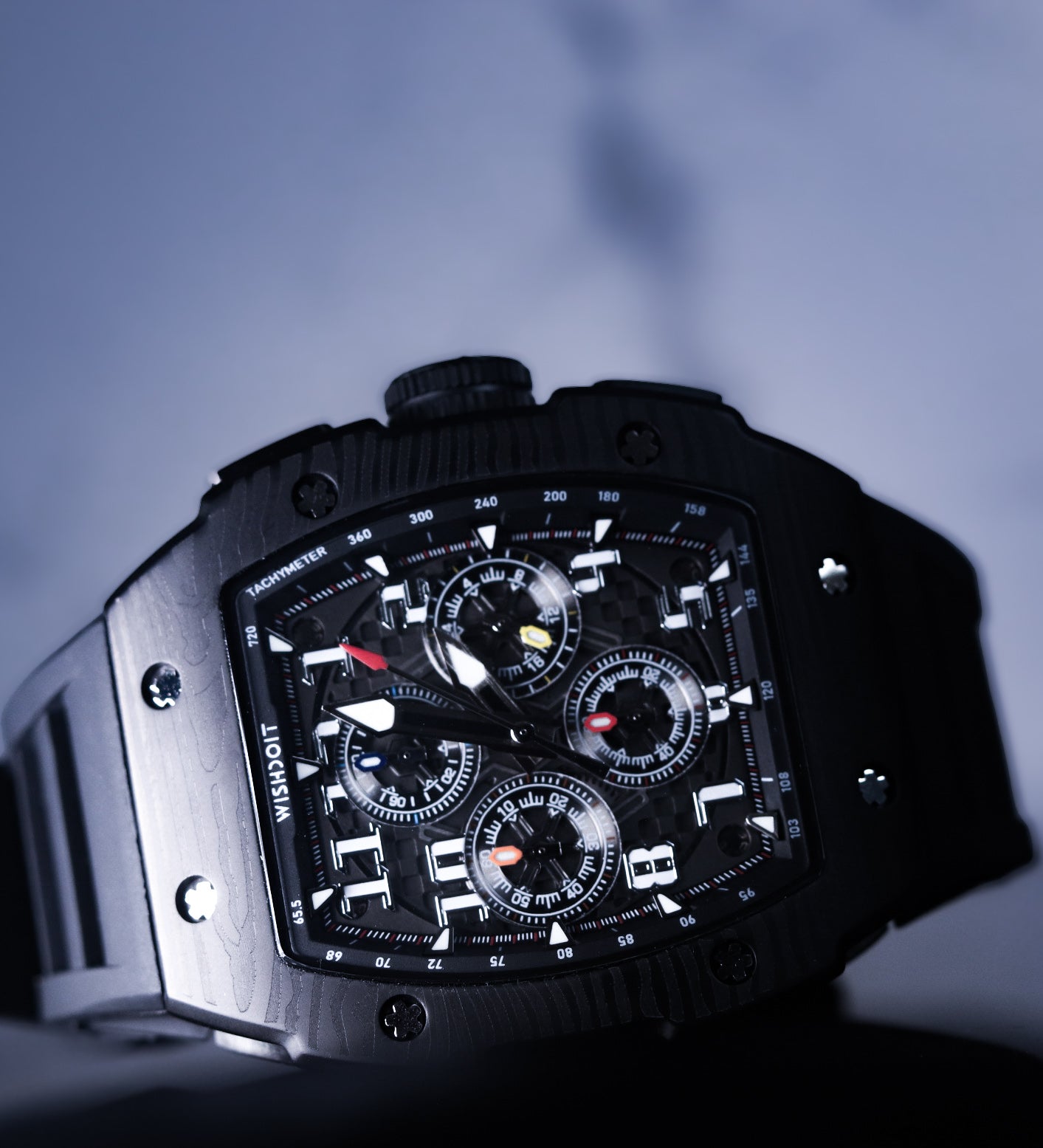 Wishdoit Watches Tonneau Affordable Best Men Chronograph GT 2.0 Racing Watch | Fluorine Rubber Watch Strap|Black