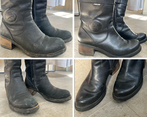 photo collage of motorcycle shoes in a good and bad condition