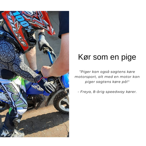 Kør som en pige, Freya 8-årig speedway kører, med et citat om at piger også kan køre motorsport