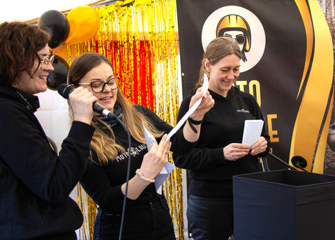 Raimonda and the Moto Lounge team hosting lottery with lots of prizes from great motorcycle brands